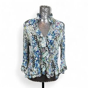 Vintage Y2K‎ Fairy Chiffon Sheer Sequin Top Large Floral Flare Sleeve Ruffle Hem